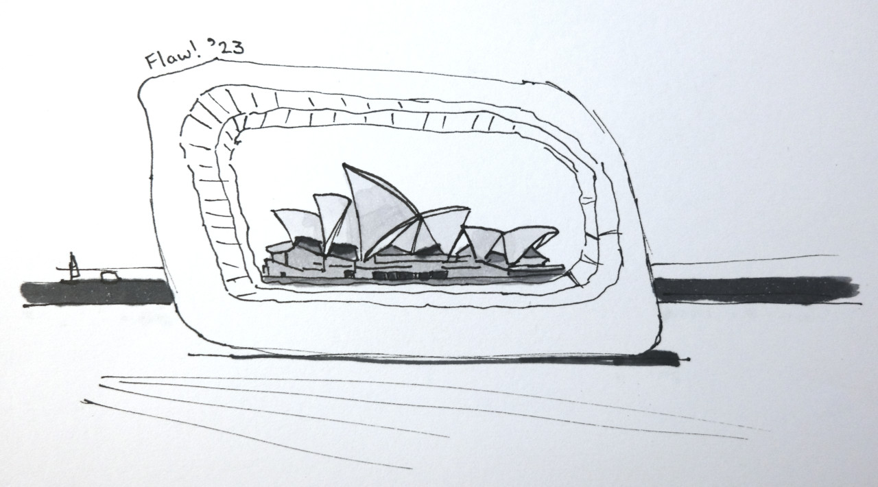 Drawing: Sydney Opera House, framed by a rock sculpture.