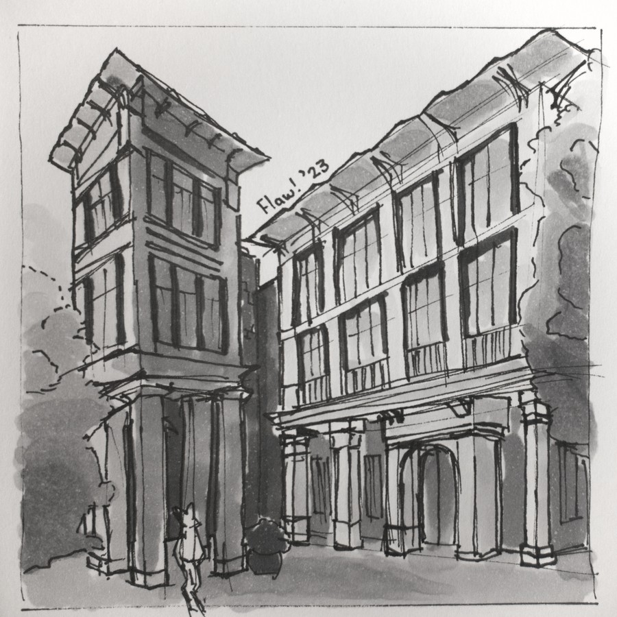 Drawing: a courtyard with 2 buildings, which have columns that hold up the structures.
